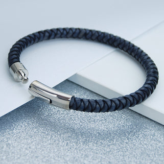 Men's Easy Clasp Leather Plait Bracelet shown close up  - clasp detail