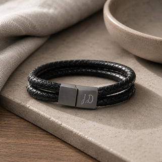 Men's Personalised Leather and Black Clasp Bracelet