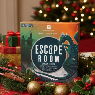 Box of 'Escape Room' game with dragon illustration on a white background