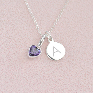 February Heart Birthstone Necklace with Mini Initial - Amethyst, Sterling Silver