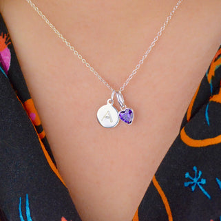 February Heart Birthstone Necklace with Mini Initial - Amethyst, Sterling Silver