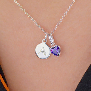 February Heart Birthstone Necklace with Mini Initial - Amethyst, Sterling Silver
