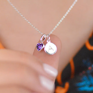 February Heart Birthstone Necklace with Mini Initial - Amethyst, Sterling Silver