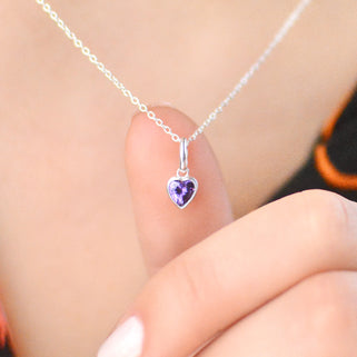February Heart Birthstone Necklace - Amethyst, Sterling Silver