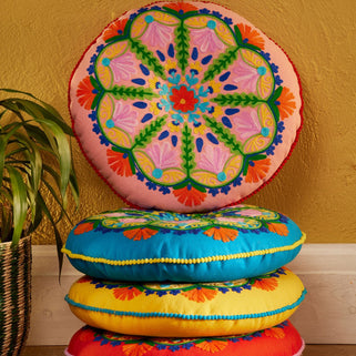 Folk Mandala Embroidered Cotton Seat Cushion in Pink