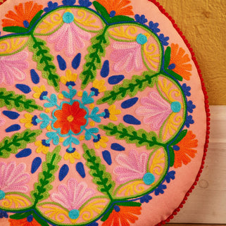 Folk Mandala Embroidered Cotton Seat Cushion in Pink