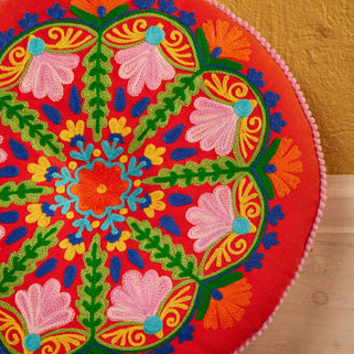 Folk Mandala Embroidered Seat Cushion in Red