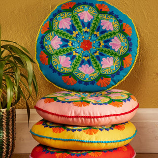 Folk Mandala Embroidered Cotton Seat Cushion in Turquoise