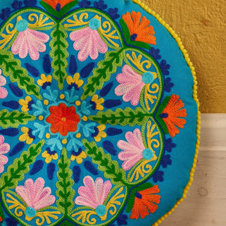 Folk Mandala Embroidered Cotton Seat Cushion in Turquoise