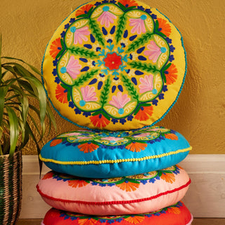 Folk Mandala Embroidered Seat Cushion in Yellow