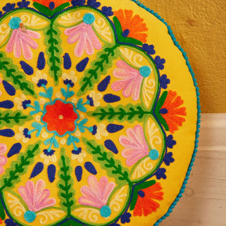 Folk Mandala Embroidered Seat Cushion in Yellow