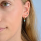 14 carat Gold Vermeil Turquoise Dangle Huggie Earrings shown close up on model
