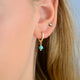 14 carat Gold Vermeil Turquoise Dangle Huggie Earrings shown close up on model