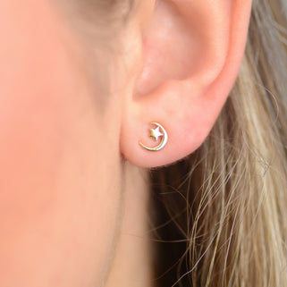Gold Plated Moon and Star Stud Earrings shown on model