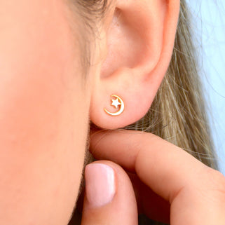 Gold Plated Moon and Star Stud Earrings