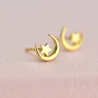 Gold Plated Moon and Star Stud Earrings shown close up