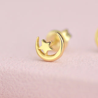 Gold Plated Moon and Star Stud Earrings earring detail