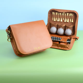 Personalised Luxury Golfing Accessories Gift Set shown with gold foil initial "PLM" monogrammed on the front 