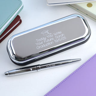 Graduation Pen And Box Set. Silver chrome box with personalised message "Today You Write Your Future, Sarah Graduation 19//5/25" engraved and silver chrome pen with "19/5/25" engraved.