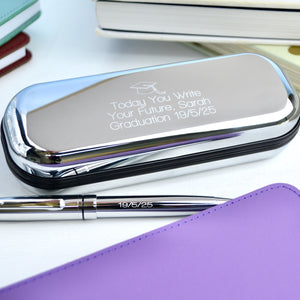 Graduation Pen And Box Set. Silver chrome box with personalised message "Today You Write Your Future, Sarah Graduation 19//5/25" engraved and silver chrome pen with "19/5/25" engraved.