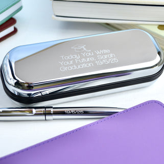 Graduation Pen And Box Set. Silver chrome box with personalised message "Today You Write Your Future, Sarah Graduation 19//5/25" engraved and silver chrome pen with "19/5/25" engraved.