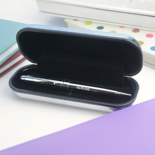 Personalised Graduation date Pen shown in open silver chrome box.