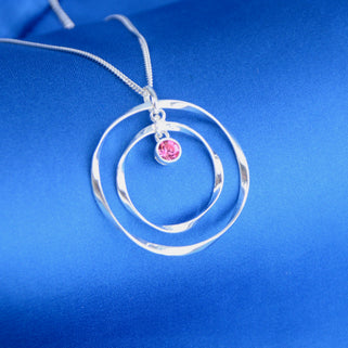 Personalised Silver Halo Circle Birthstone Necklace with October birthstone shown close up