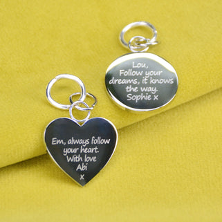 Engraved heart or circle bag charms