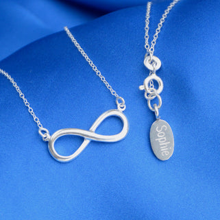 Personalised Sterling Silver Infinity Necklace shown close up