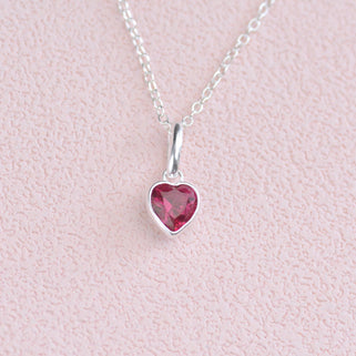 July Heart Birthstone Necklace - Ruby, Sterling Silver