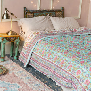 Keya Block Print Reversible Cotton Quilt