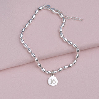 Personalised Silver Birthday Birthstone Bracelet with Number 16 and no birthstone