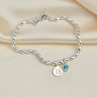 Personalised Silver Birthday Birthstone Bracelet with Number 18 and December Birthstone