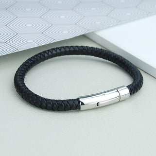 Men's Easy Clasp Leather Plait Bracelet shown close up- antiqued black