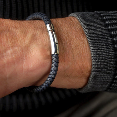 Men's Easy Clasp Leather Plait Bracelet shown close up on  model - antiqued black