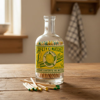 Clear bottle filled with safety matches labeled 'Safety Matches' on a white background