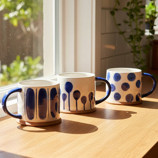Three ceramic mugs with blue patterns on a white background