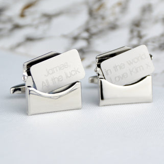 secret letter envelope cufflinks with "James, All the luck" on the left letter and "in the world Love Kim x" engraved on the right letter cufflink