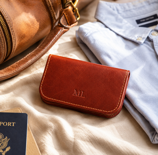 Brown leather wallet with initials, light blue shirt, and passport on beige fabric