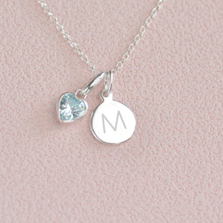 March Heart Birthstone Necklace with Mini Initial - Aquamarine, Sterling Silver
