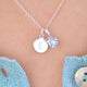 March Heart Birthstone Necklace with Mini Initial - Aquamarine, Sterling Silver