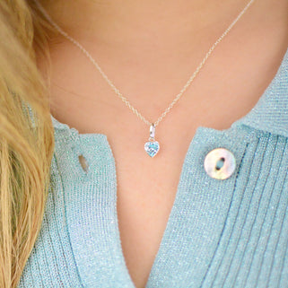 March Heart Birthstone Necklace - Aquamarine, Sterling Silver
