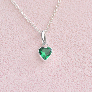 May Heart Birthstone Necklace - Emerald, Sterling Silver