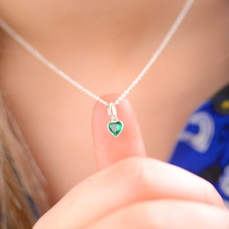 May Heart Birthstone Necklace - Emerald, Sterling Silver