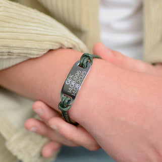 Men's Personalised Double Strand Leather ID Plate Bracelet shown close up on model