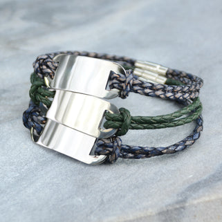 Men's Personalised Double Strand Leather ID Plate Bracelet shown close up and colour choice : navy, Green and Denim