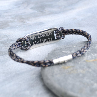 Men's Personalised Double Strand Leather ID Plate Bracelet shown in denim with engraving on back of ID plate