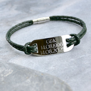Men's Personalised Double Strand Leather ID Plate Bracelet shown in green and engraving on front of ID plate