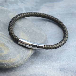 Men's Easy Clasp Leather Plait Bracelet shown close up - antiqued brown
