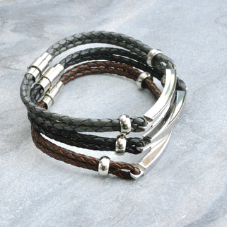 Personalised Men's Leather Slim Bar Bracelet shown in brown leather close up showing brown, black and grey colour choices